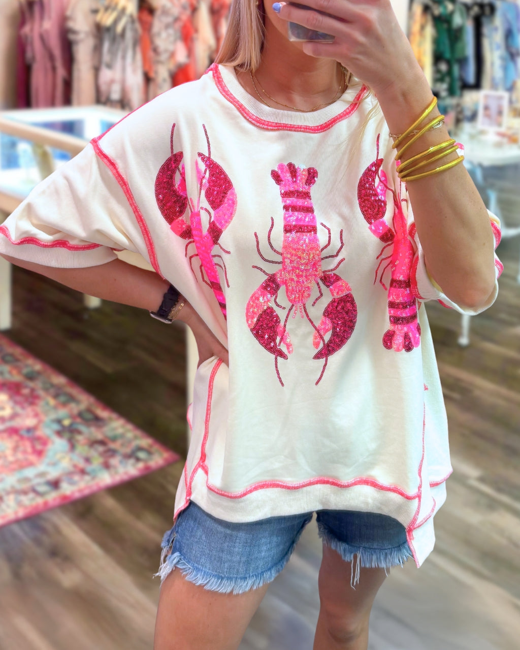 Lobster Sequined Contrast Stitching Top