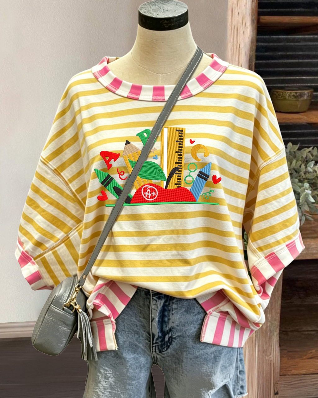 School Supplies Embroidered Striped T-shirt