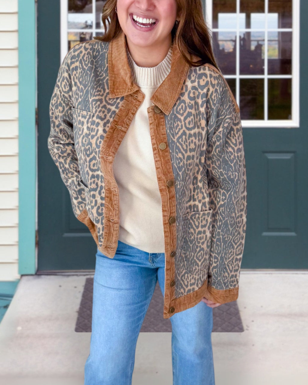 Corduroy Spliced Leopard Print Jacket