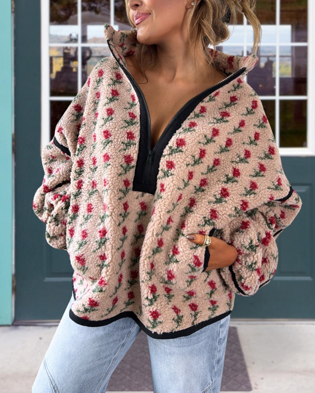 Rose Print Plush Half-zip Pullover