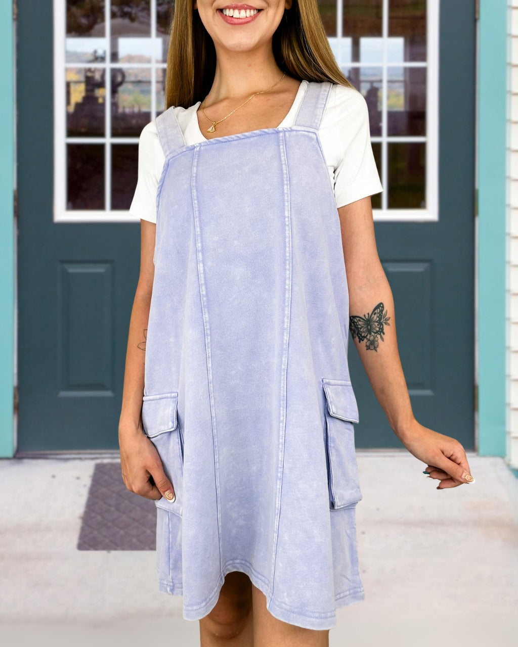 Simple Washed Distressed Overalls Dress