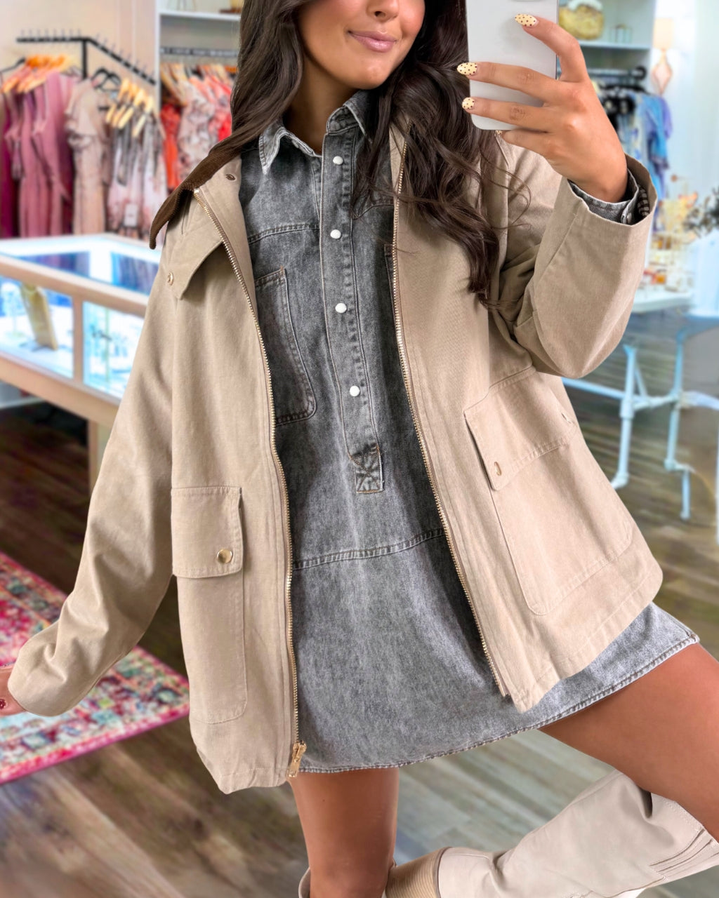 Chic Corduroy Collar Trench Jacket