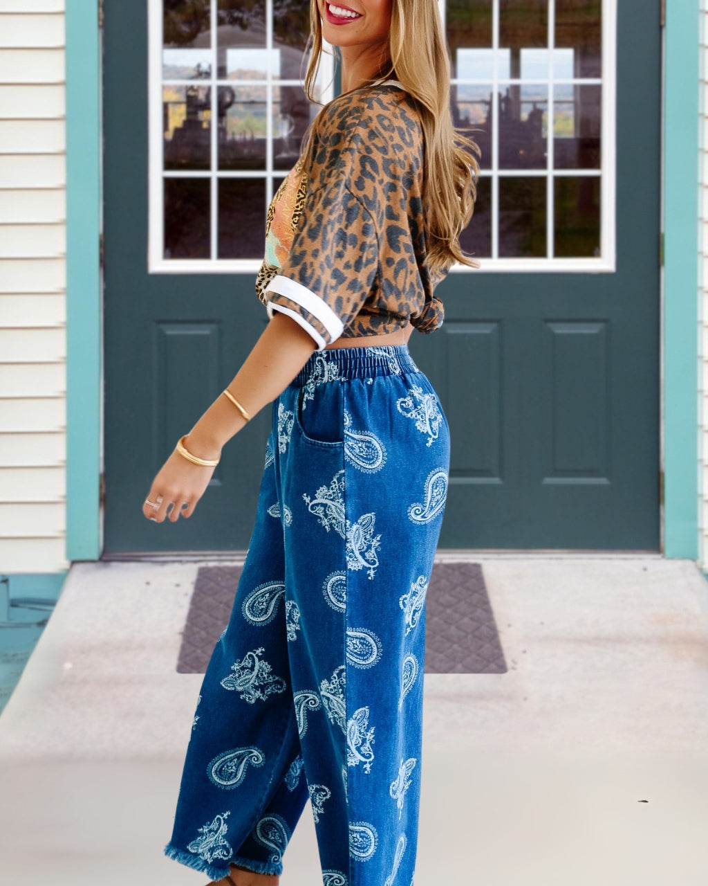 Paisley Wide-Leg Denim Pants