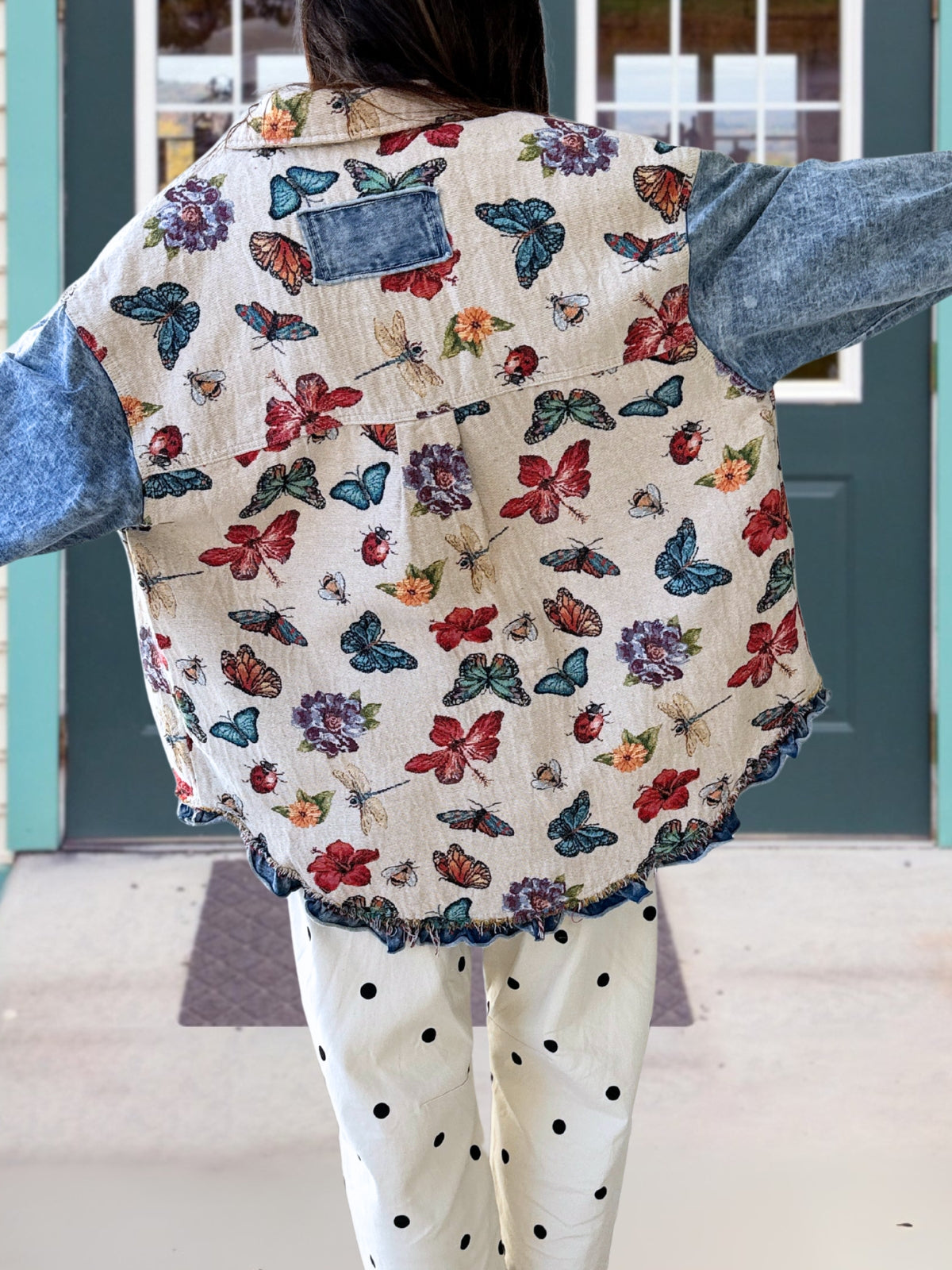 Colorful Butterfly Print Washed Distressed Jacket