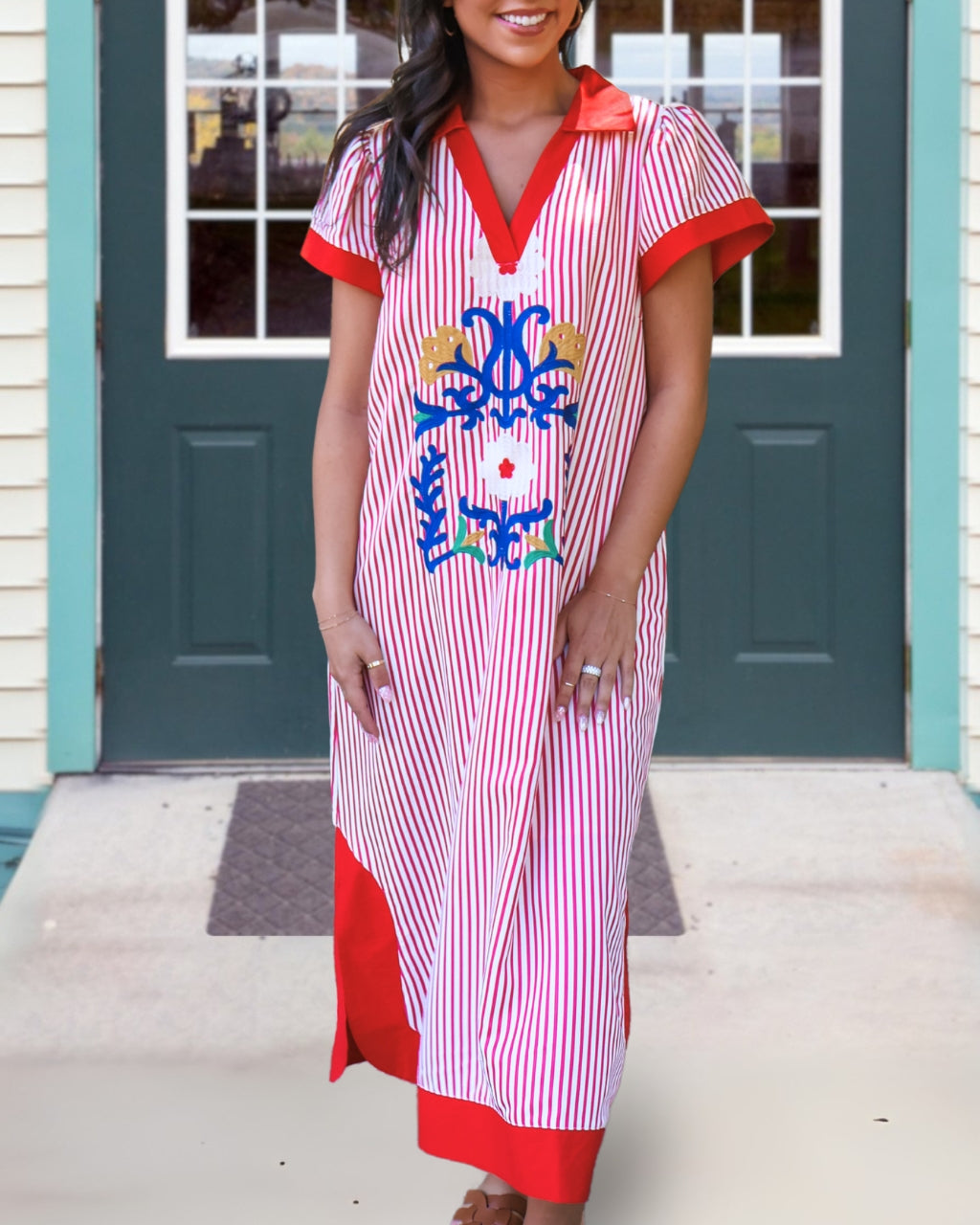 Retro Floral Embroidered Striped Dress