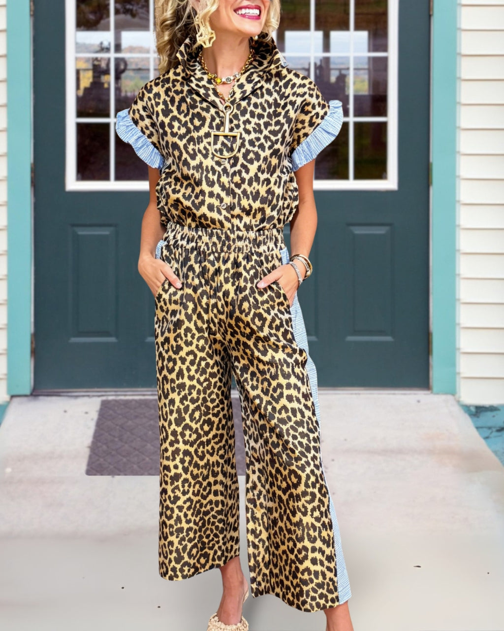 Contrasting Ruffle Trim Leopard Satin Set