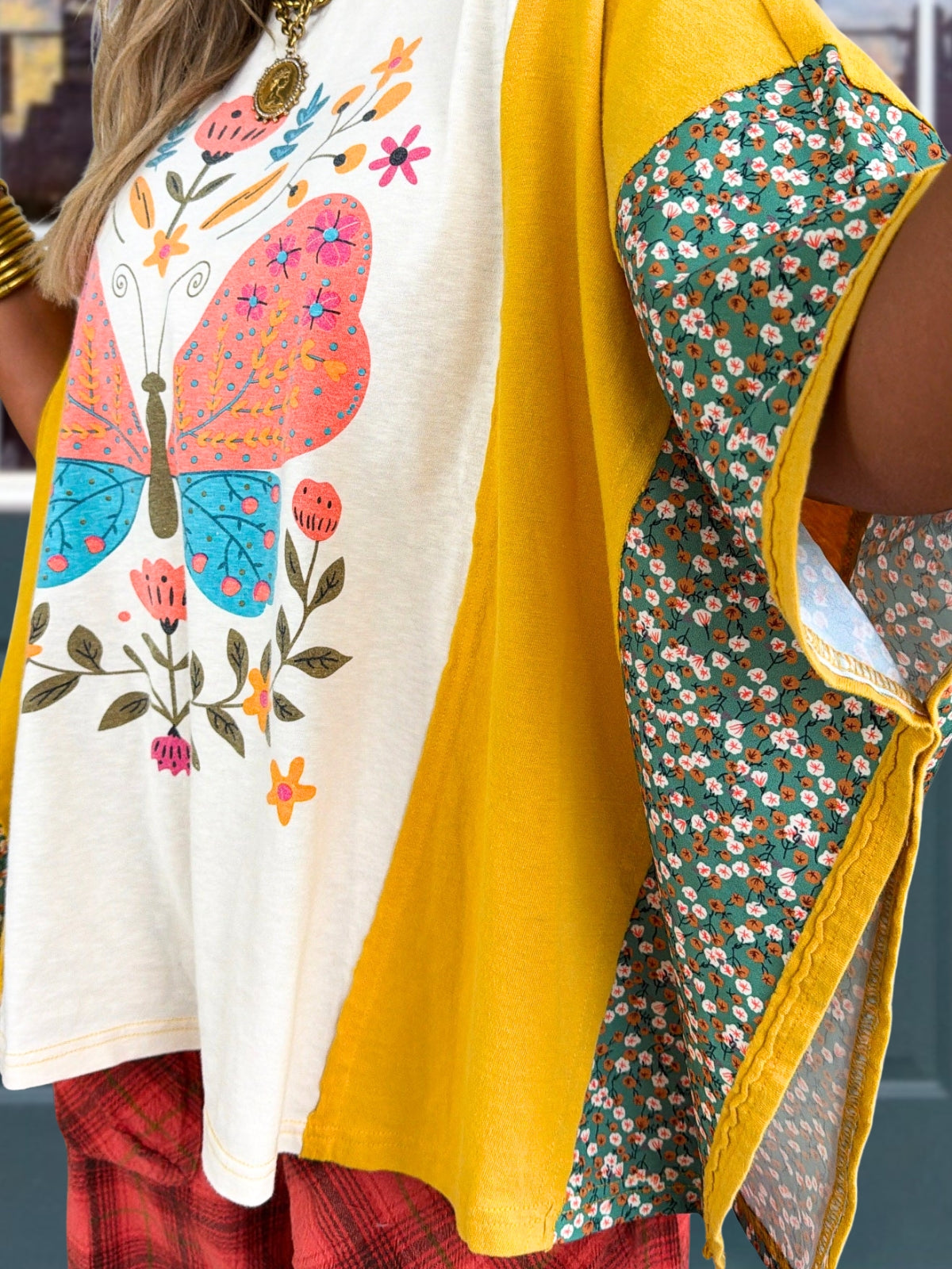Butterfly and Floral Color-Block Top
