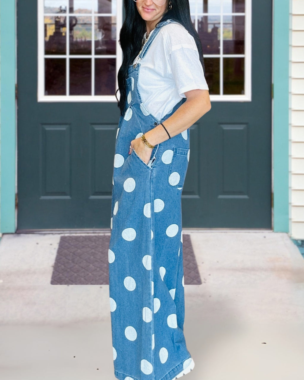 Polka Dot Print Denim Overalls