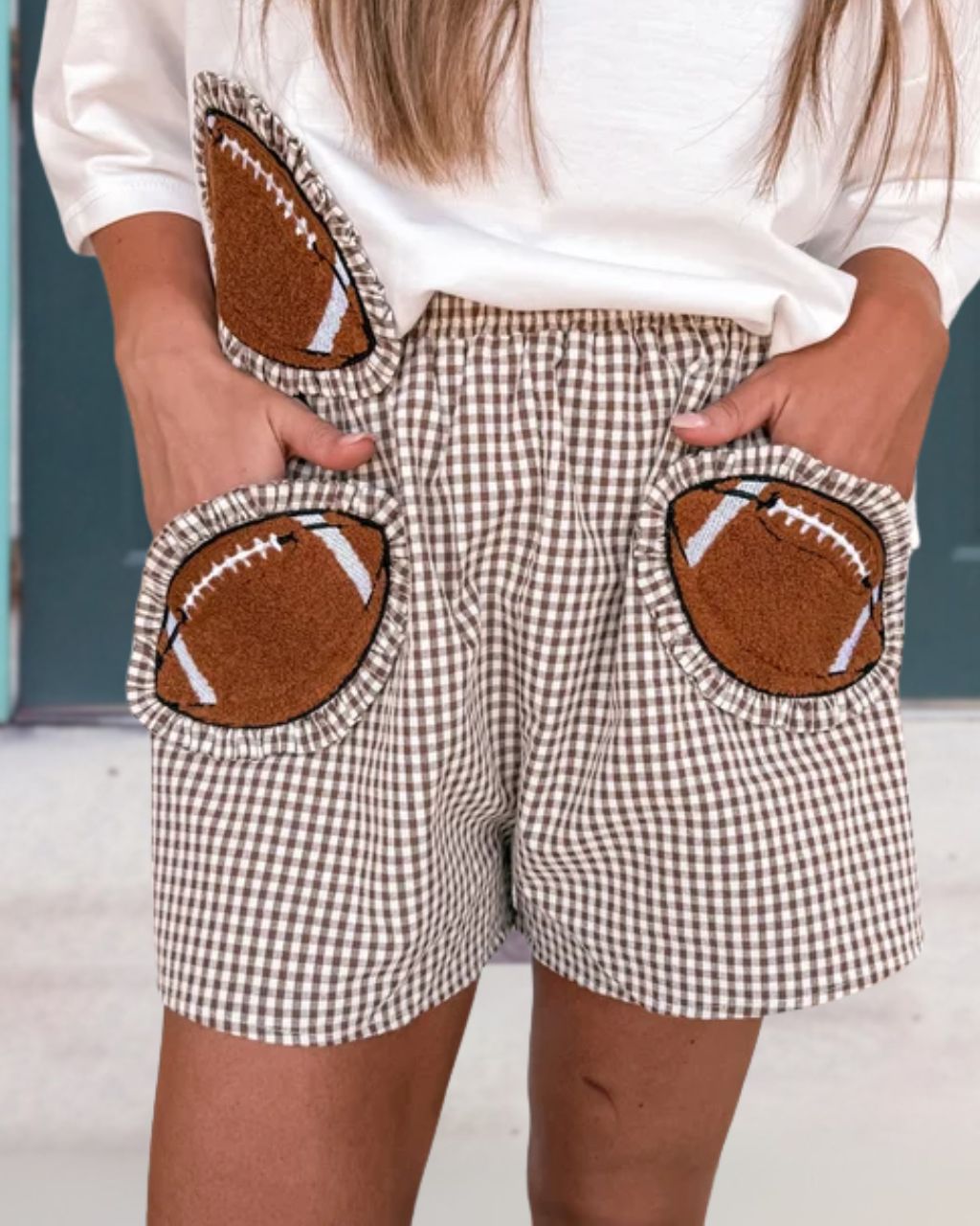 Football-Embroidered Pocket Plaid Shorts