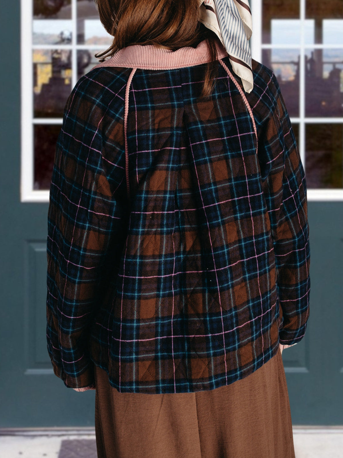 Retro Color Blocking Plaid Quilted Coat