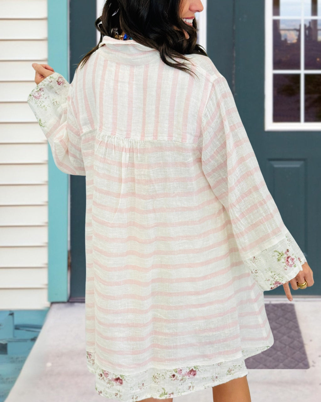 Floral Embroidered Trim Striped Shirt