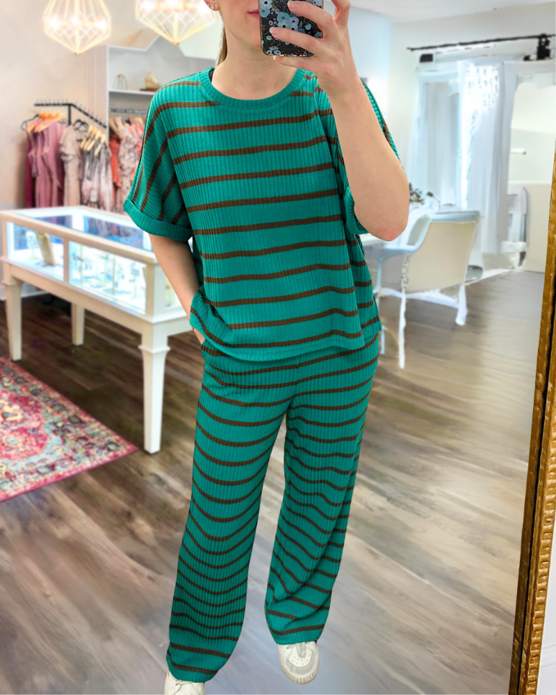 Casual Striped Crew Neck Set