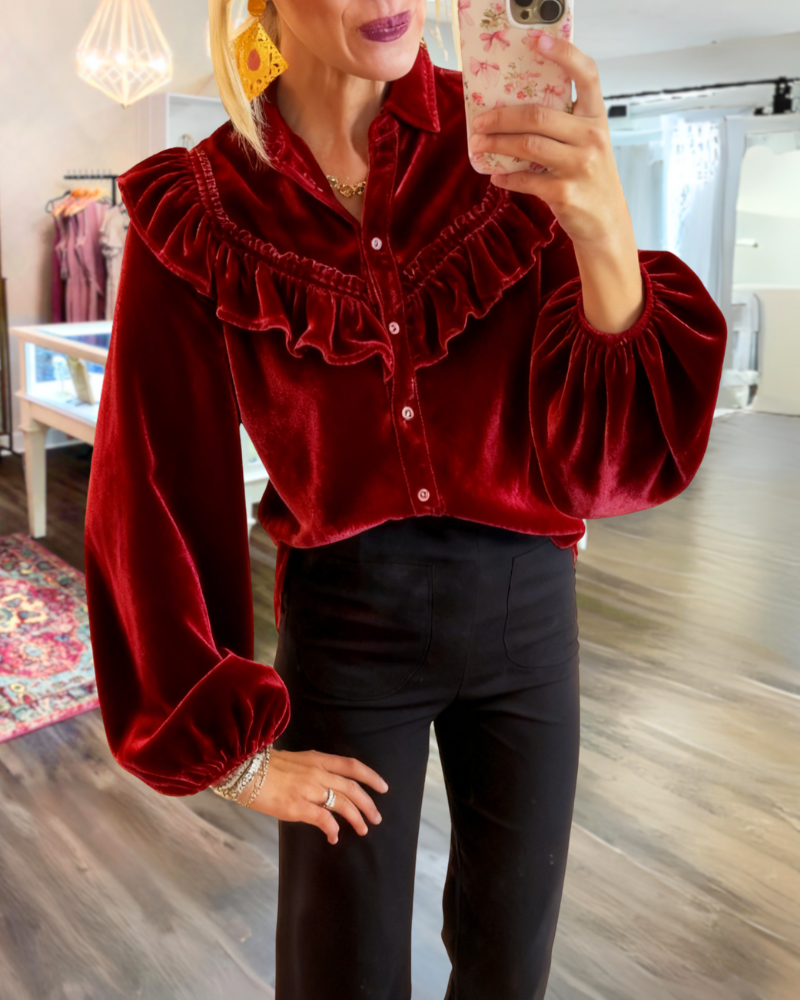Exquisite Ruffled Velvet Blouse