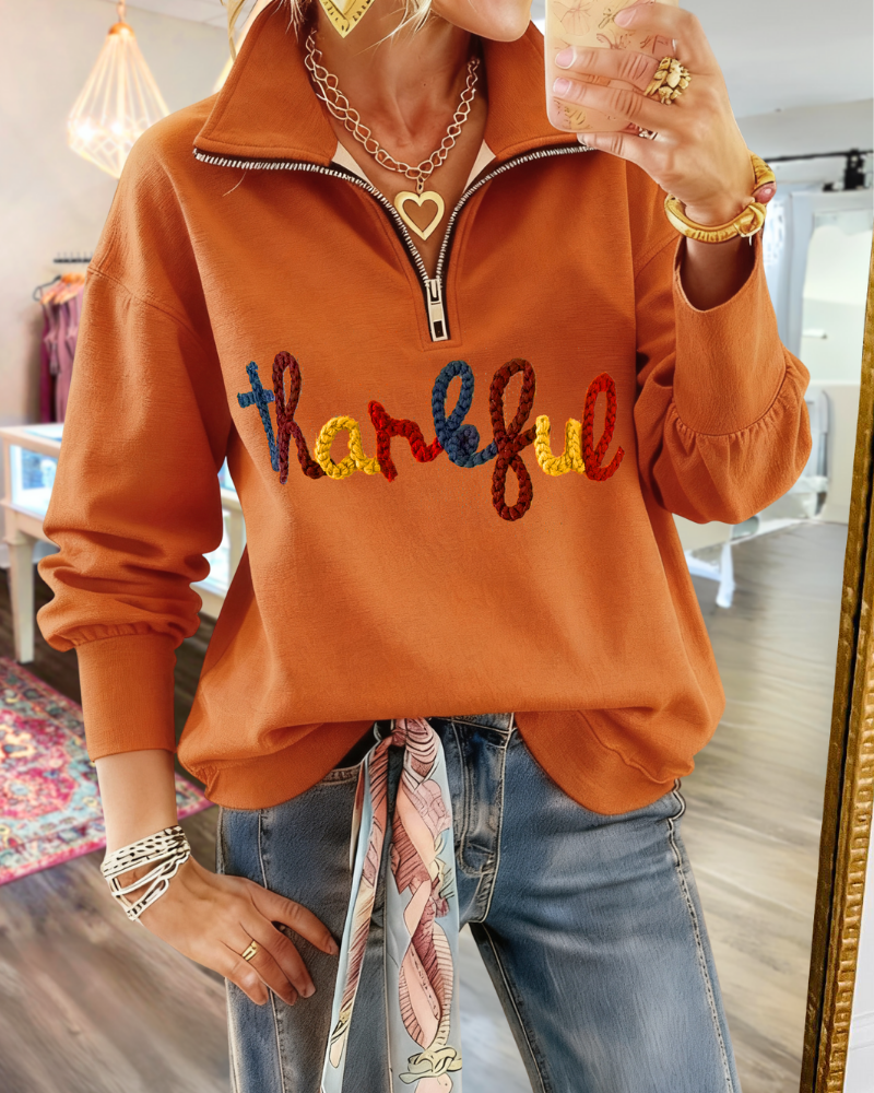 Thanksgiving Embroidered Half-Zip Sweatshirt