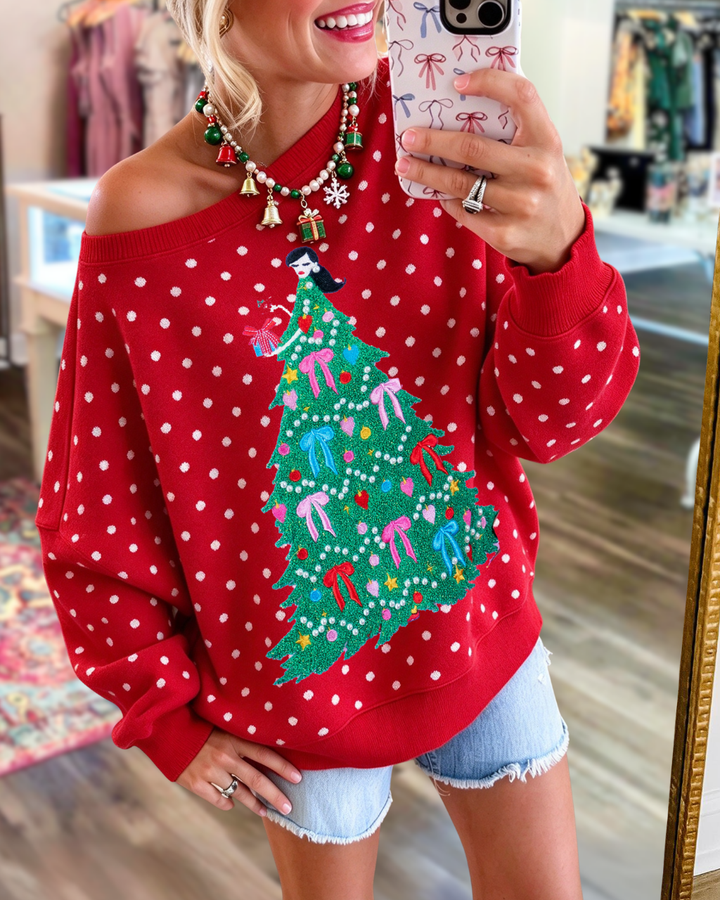 Polka-Dot Christmas Tree Embroidered Pullover