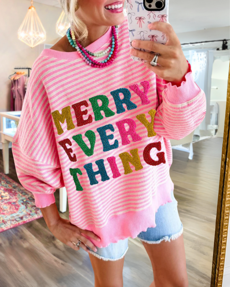 Merry Embroidered Striped Sweatshirt