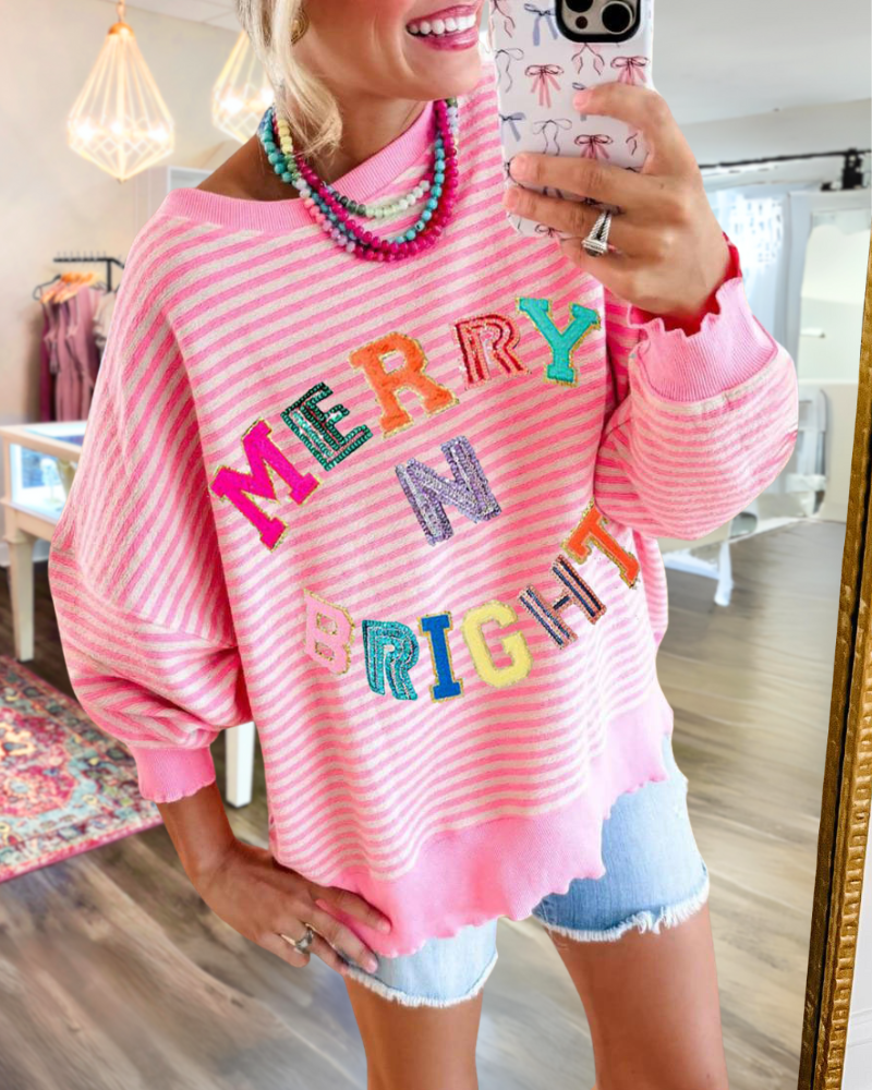 Merry Bright Embroidered Striped Sweatshirt