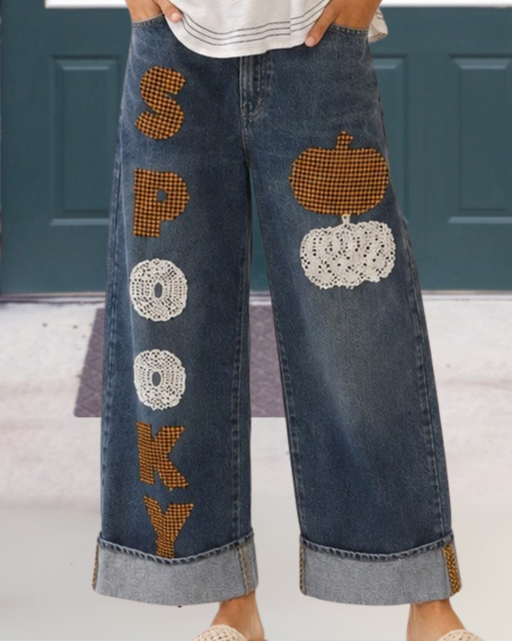 SPOOKY Pumpkin Lace Embroidery Jeans
