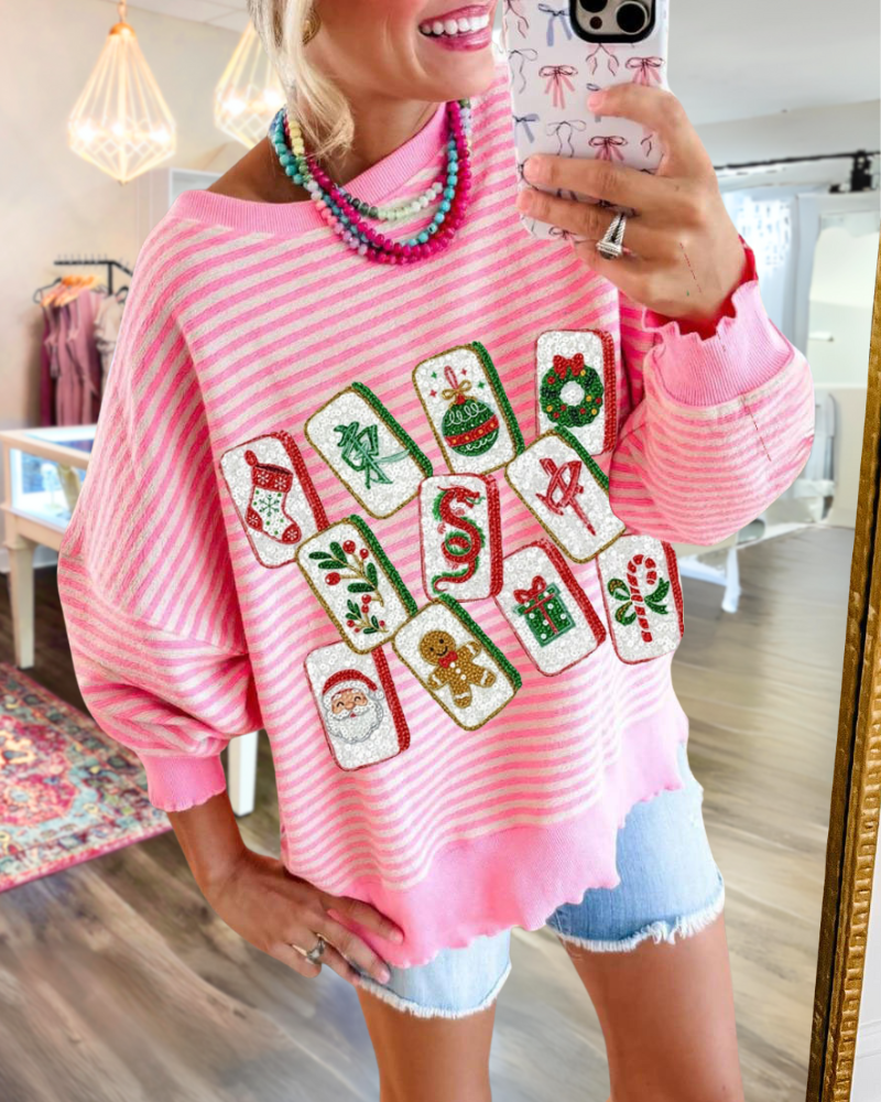 Christmas Mahjong Striped Sweatshirt