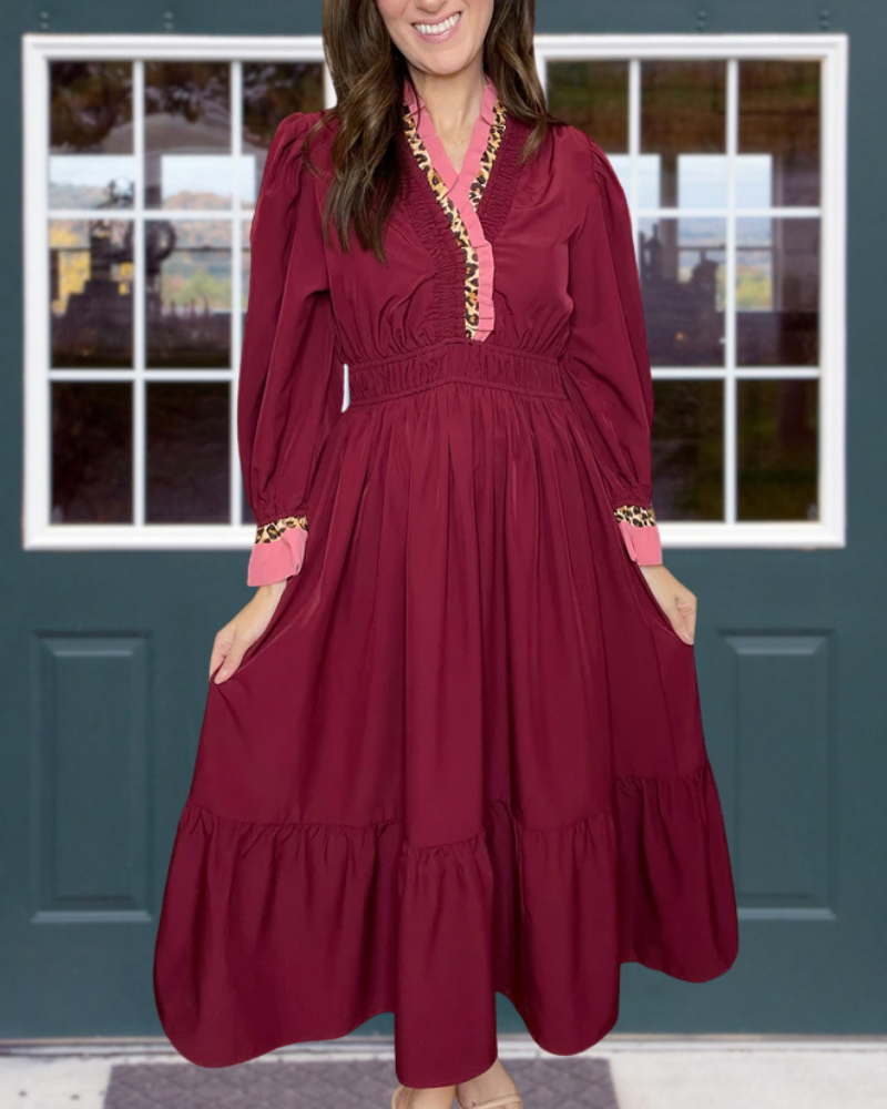 Ruffled Leopard Trimmed Maxi Dress