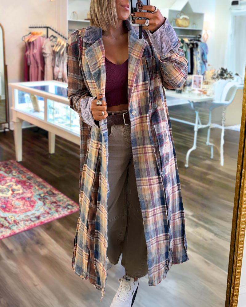 Chic Brushed Plaid Button Coat