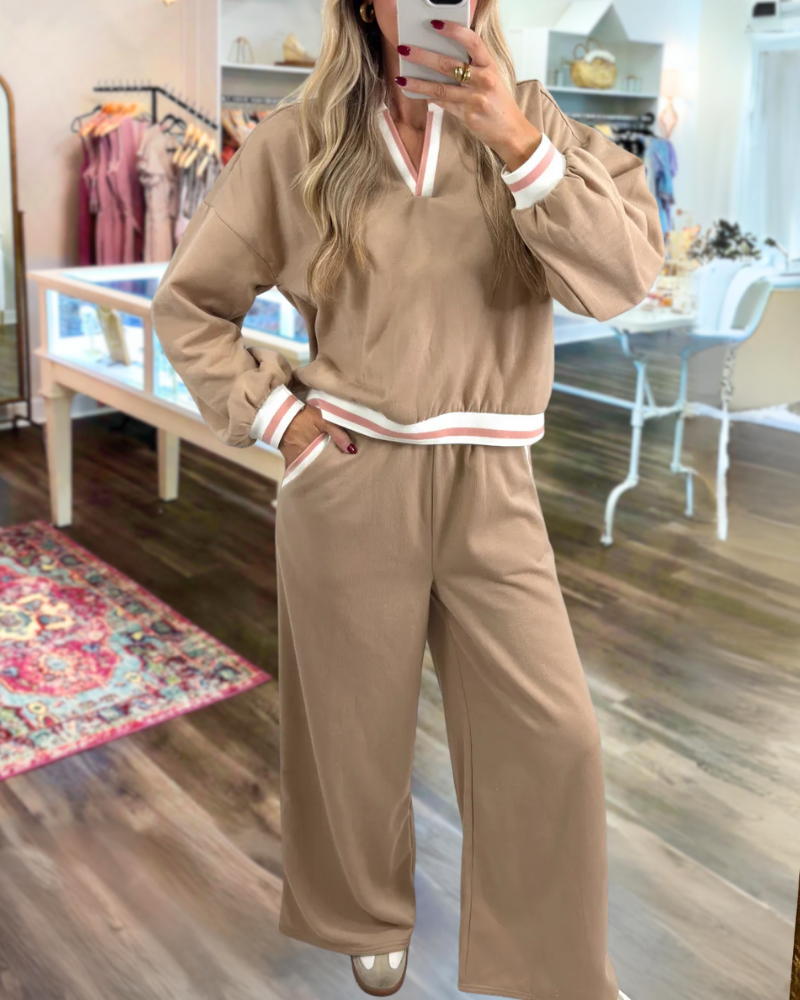 Casual Contrast Striped V-Neck Set