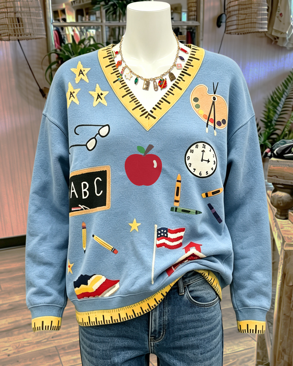 School Supplies Embroidered Ruler Trim Sweatshirt