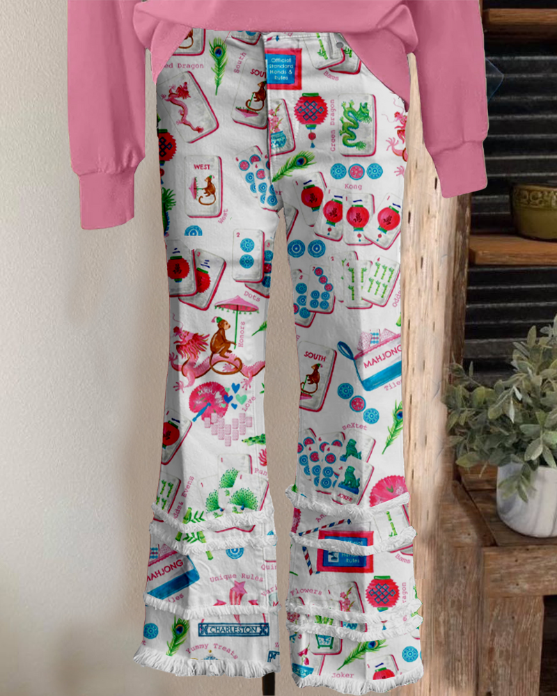 Chic Mahjong Pattern Pants