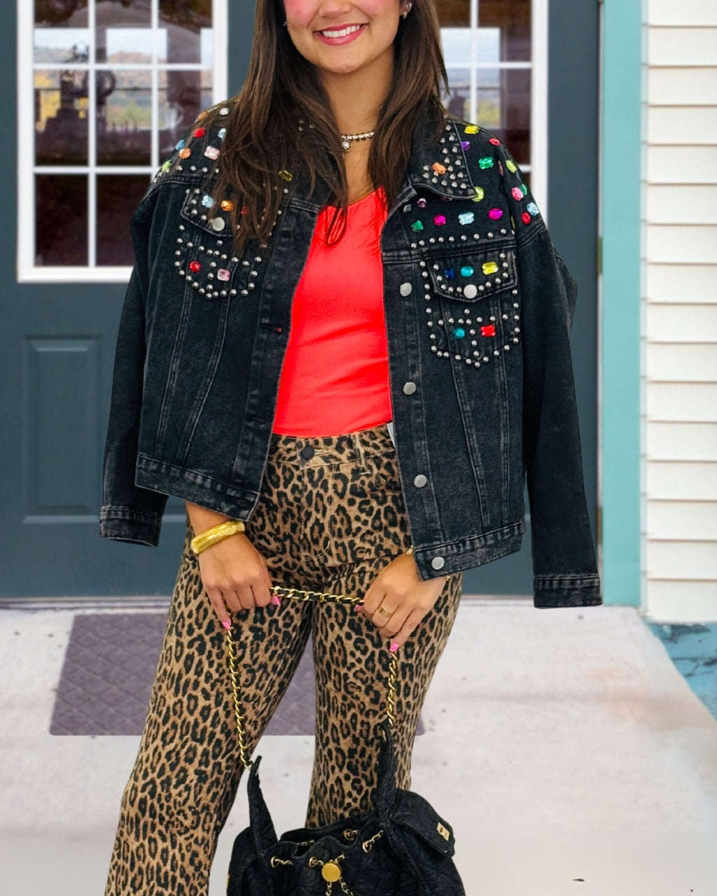 Colorful Rhinestone Studded Denim Jacket