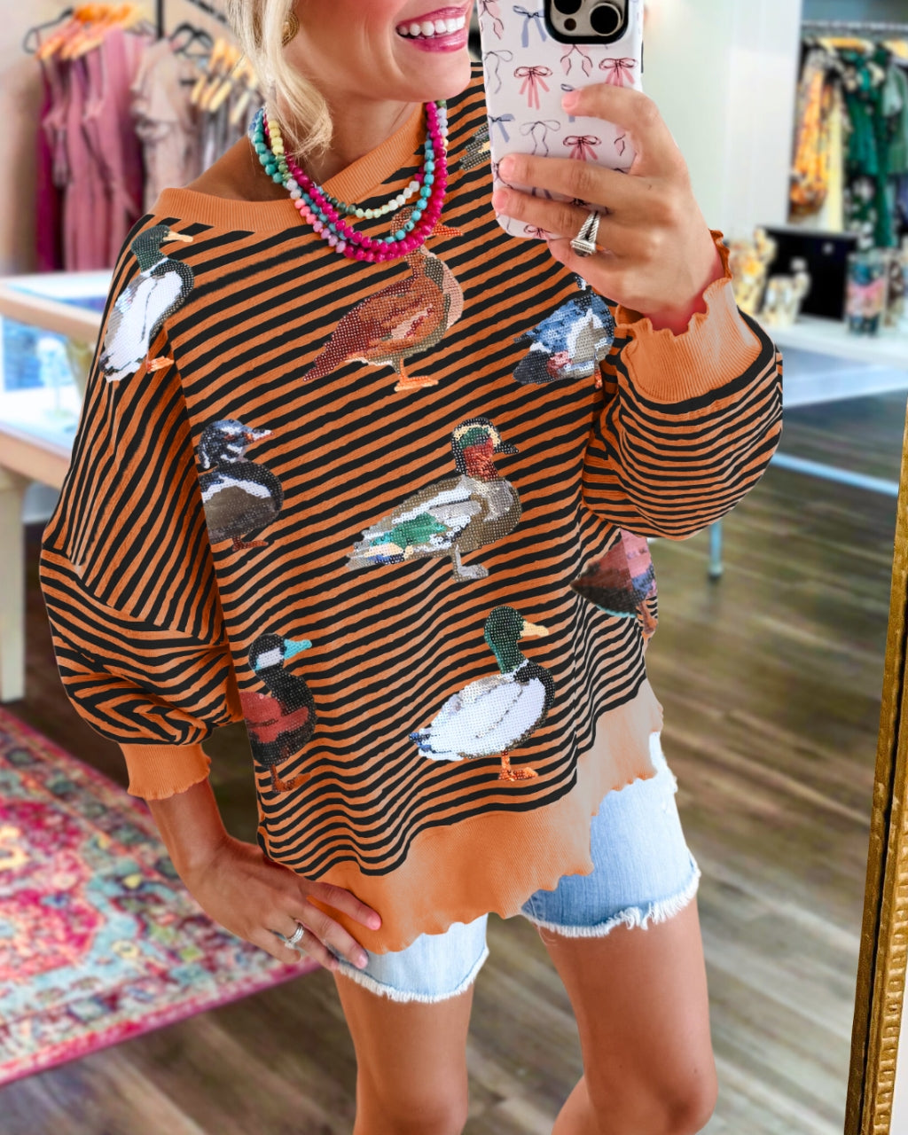Cute Duck Sequin Stripe Sweatshirt