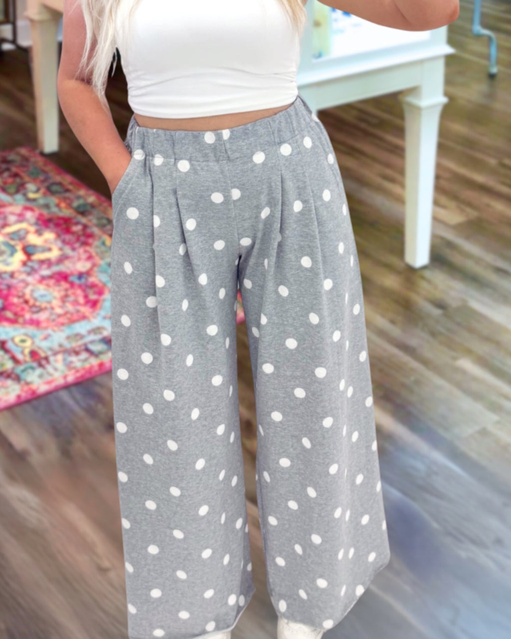 Pleated Polka Dot Wide Leg Pants