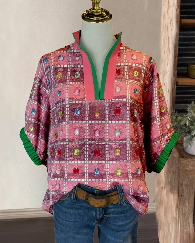 Unique Gemstone Print V-neck Top