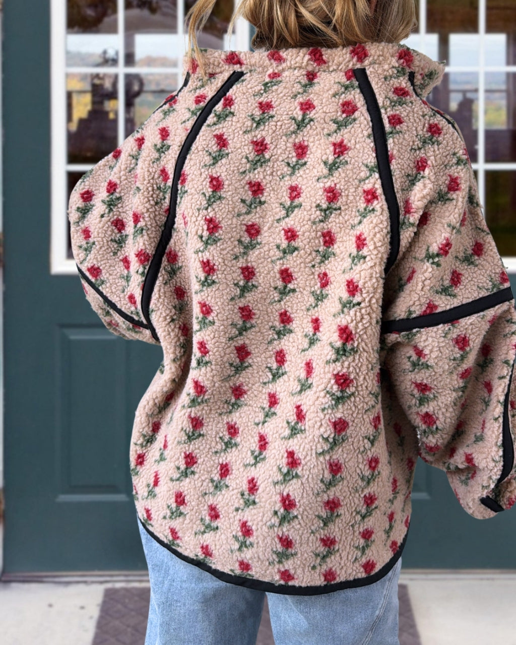 Rose Print Plush Half-zip Pullover