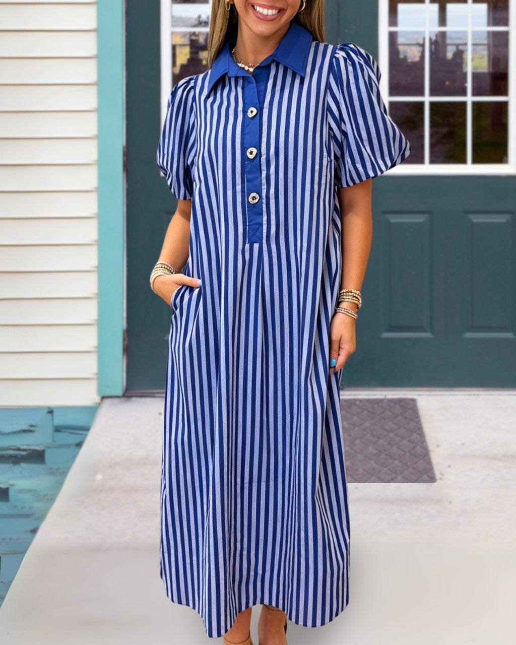 Stylish Puff Sleeves Striped Maxi Dress