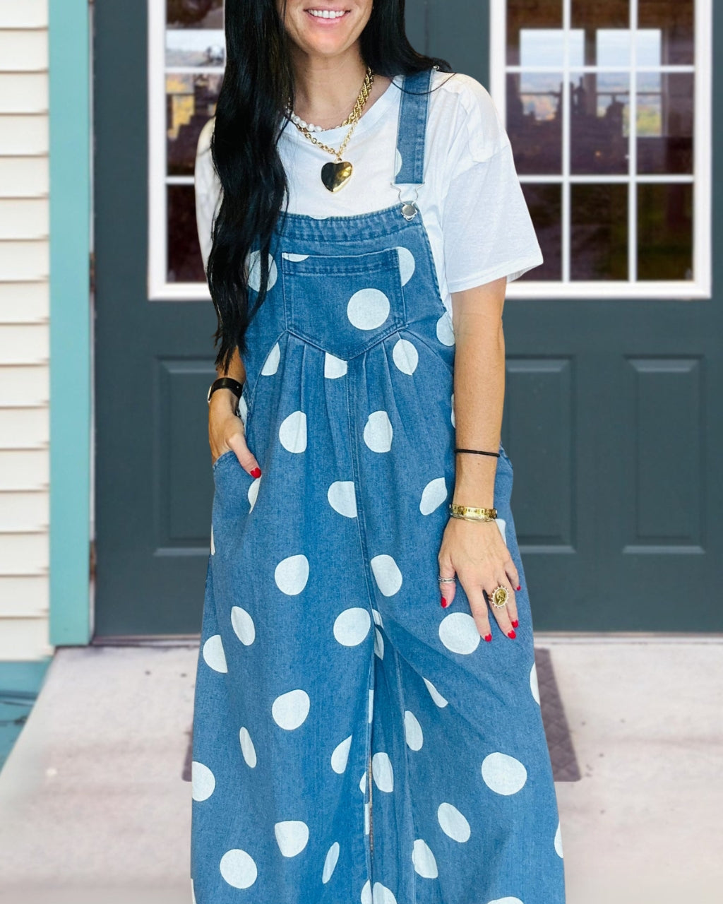Polka Dot Print Denim Overalls