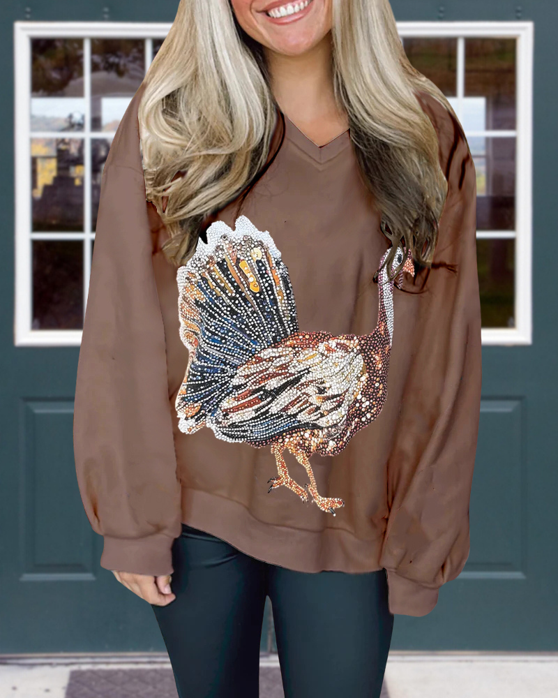 Thanksgiving Turkey Sequined V-Neck Sweatshirt