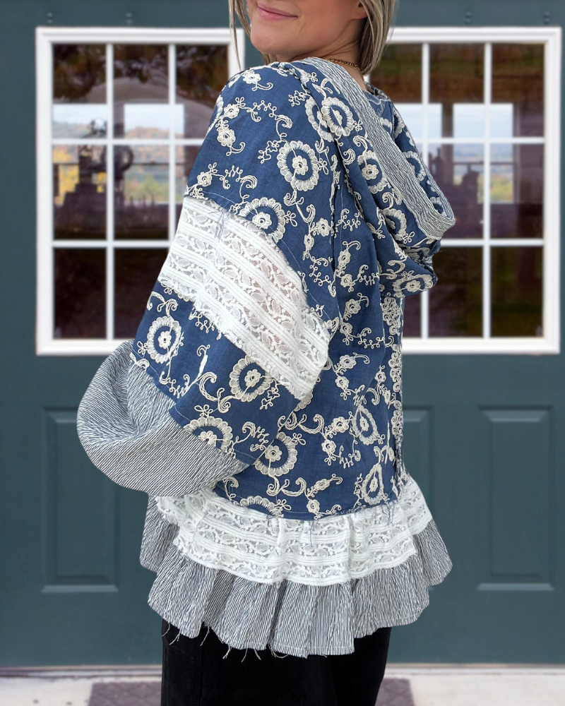 Floral Half-Button Ruffle Pullover