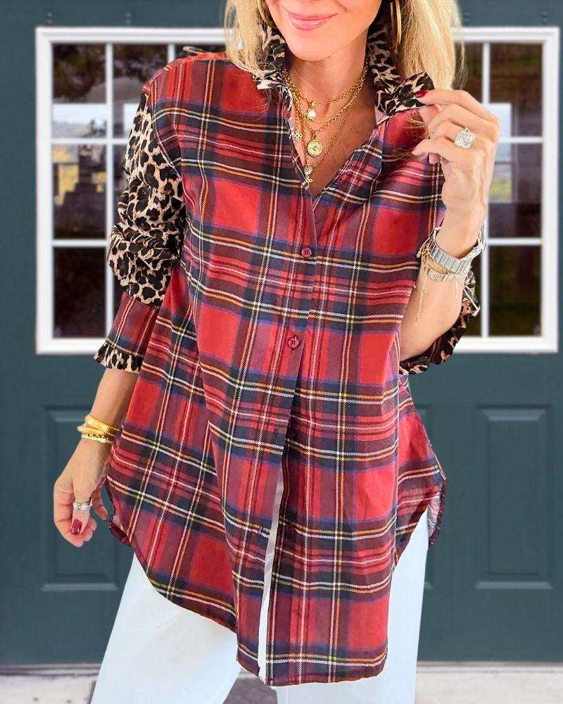 Plaid Leopard Ruffled Shirt