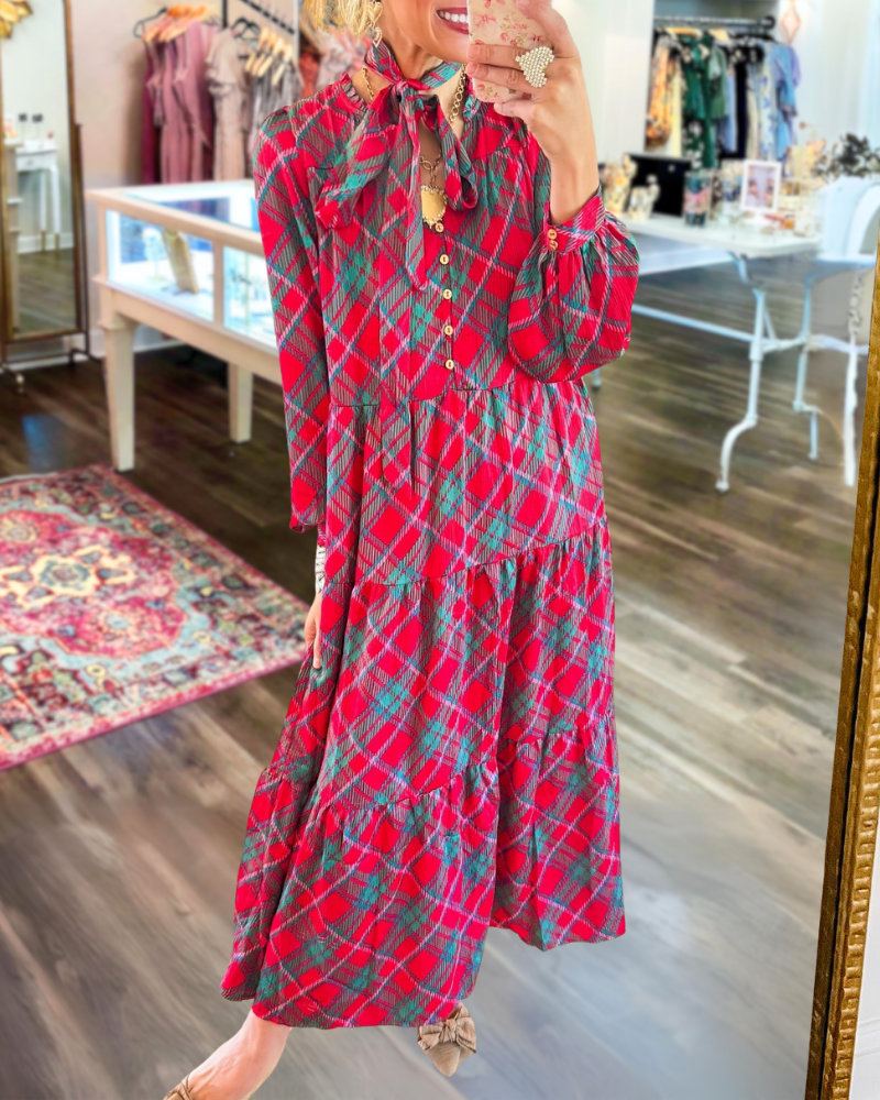 Bow Tie V-Neck Plaid Dress