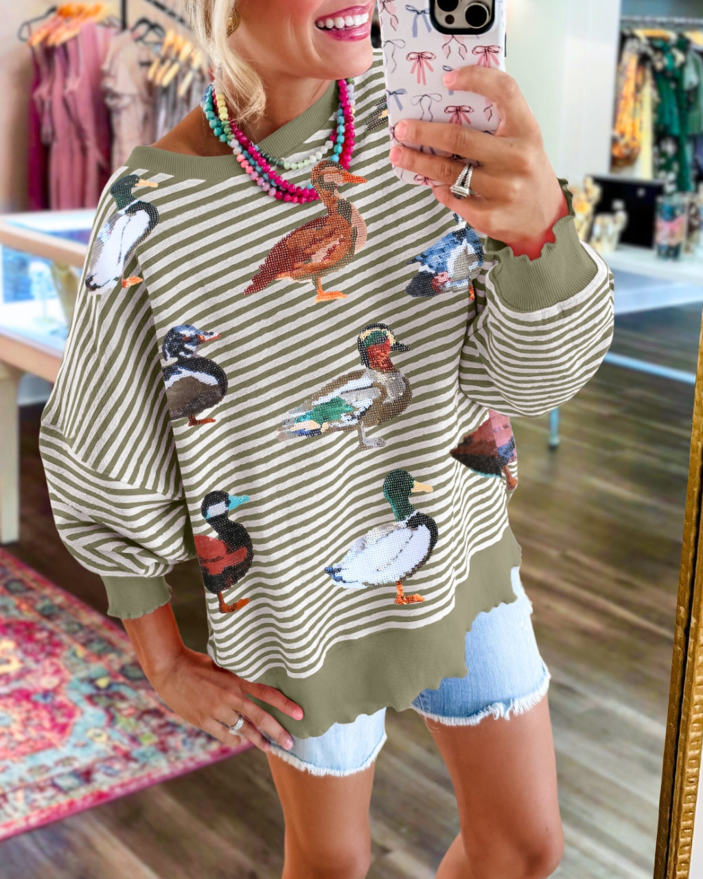 Cute Duck Sequin Stripe Sweatshirt
