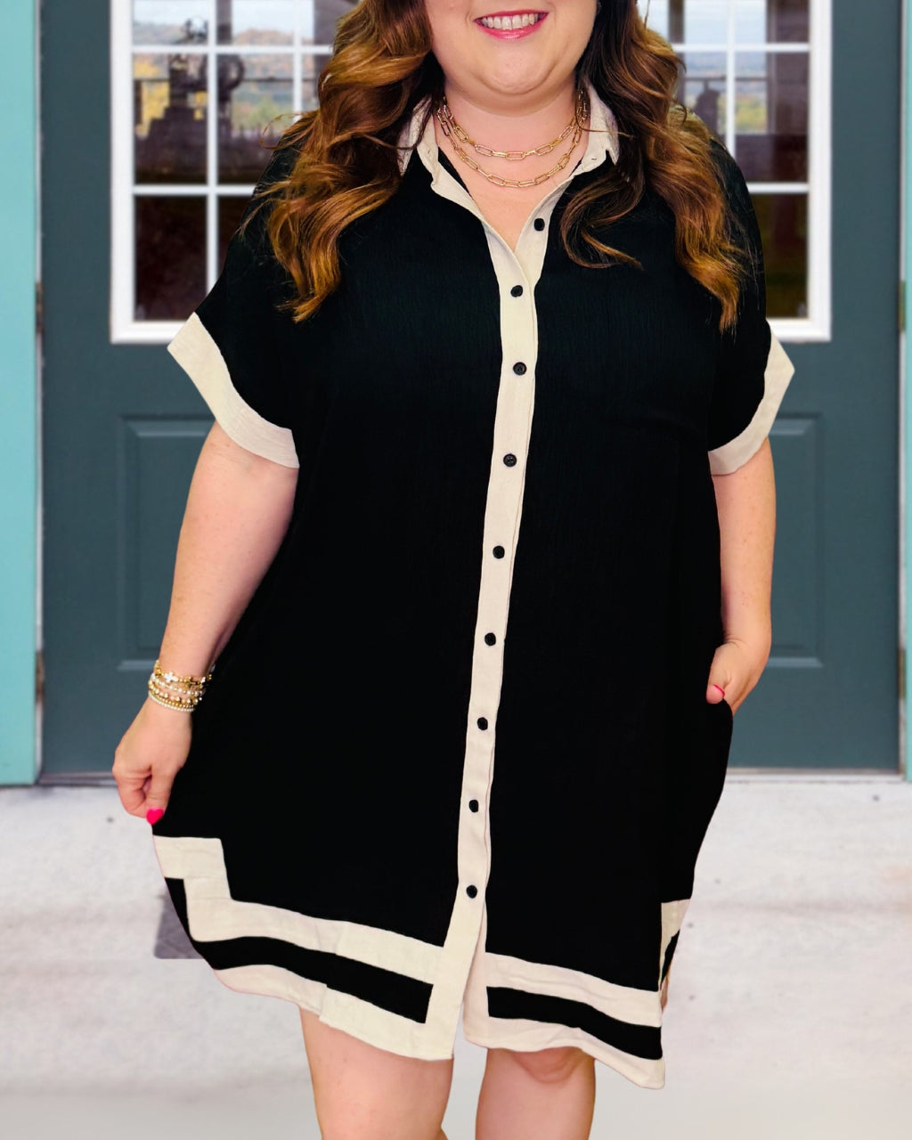 Breezy Color-Blocked Trim Shirt Dress