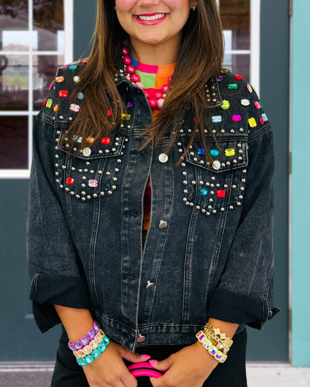 Colorful Rhinestone Studded Denim Jacket