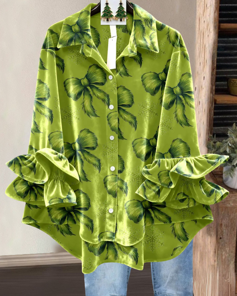 Bow Ruffled Velvet Blouse