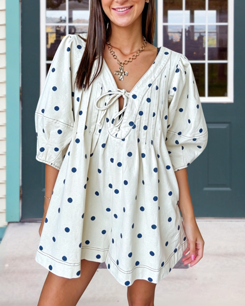 Polka Dot Pleated Puff Sleeve Jumpsuit