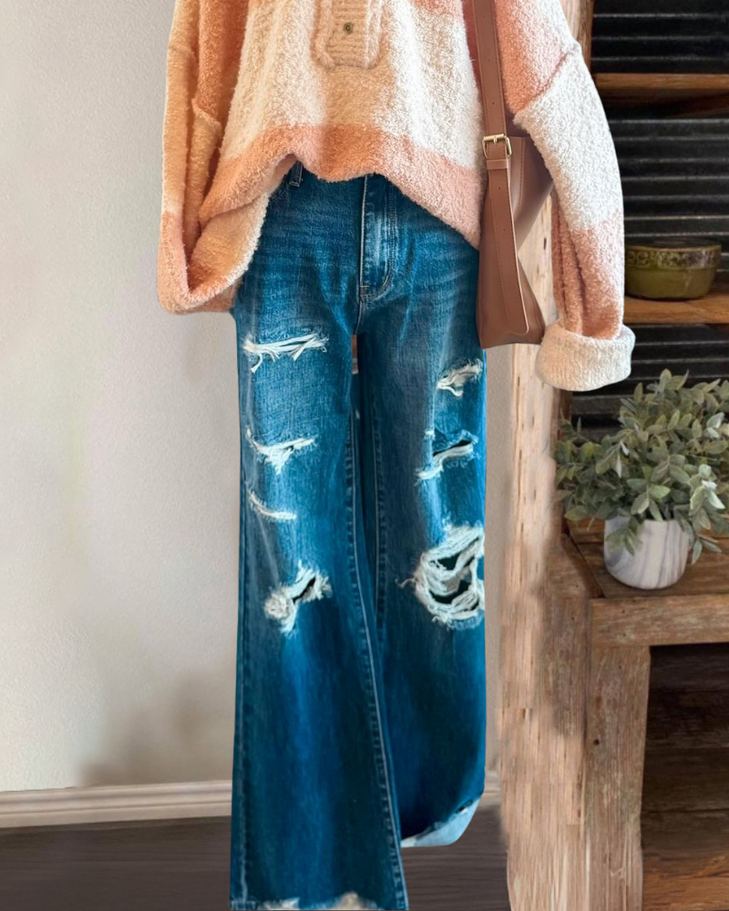 Ripped Flared Denim Jeans