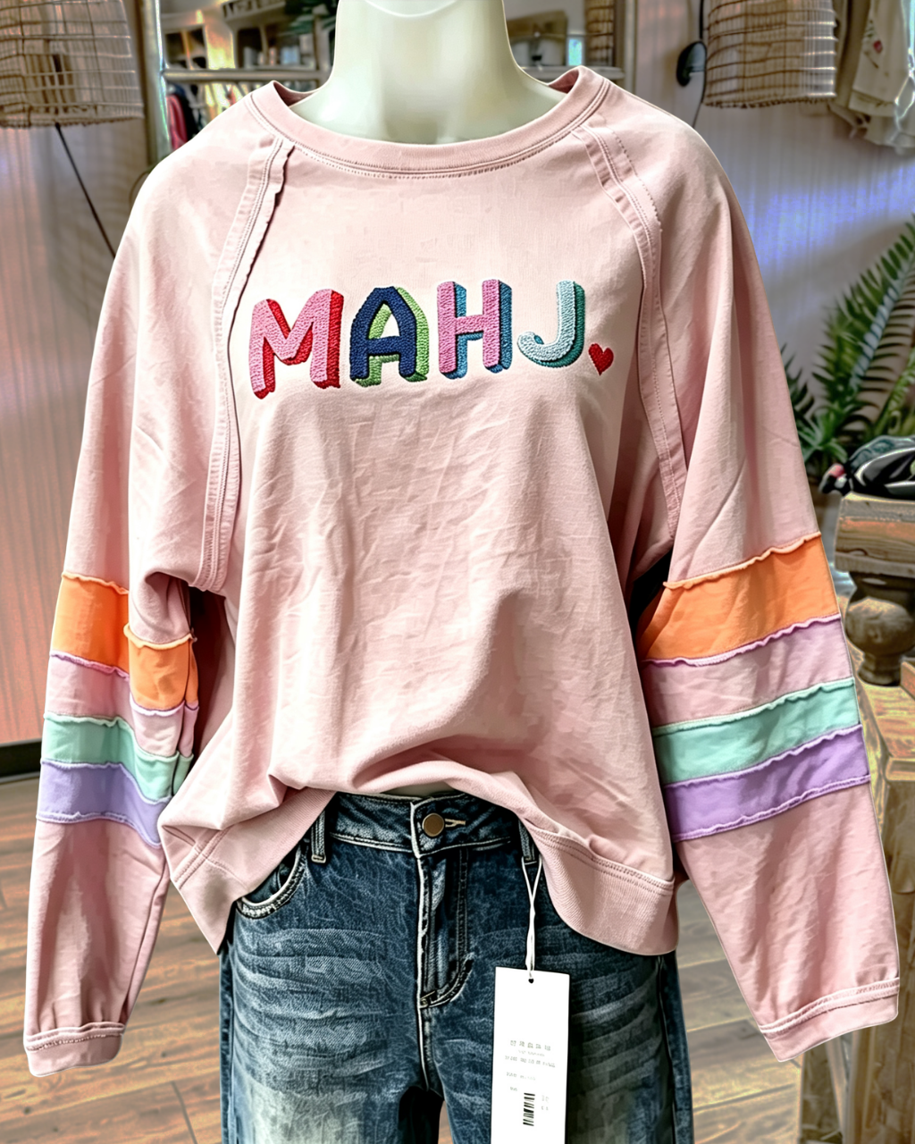 MAHJ Embroidered Color-Blocked Sleeve Pullover