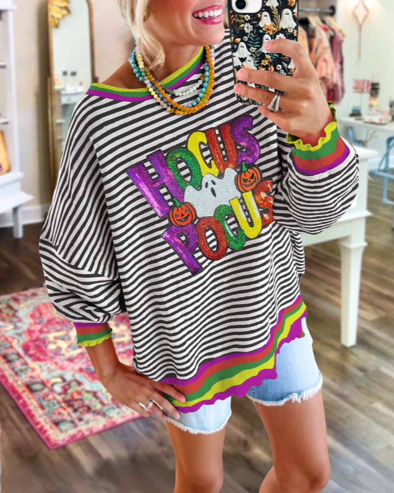 Fun Halloween Themed Sequin Striped Sweatshirt