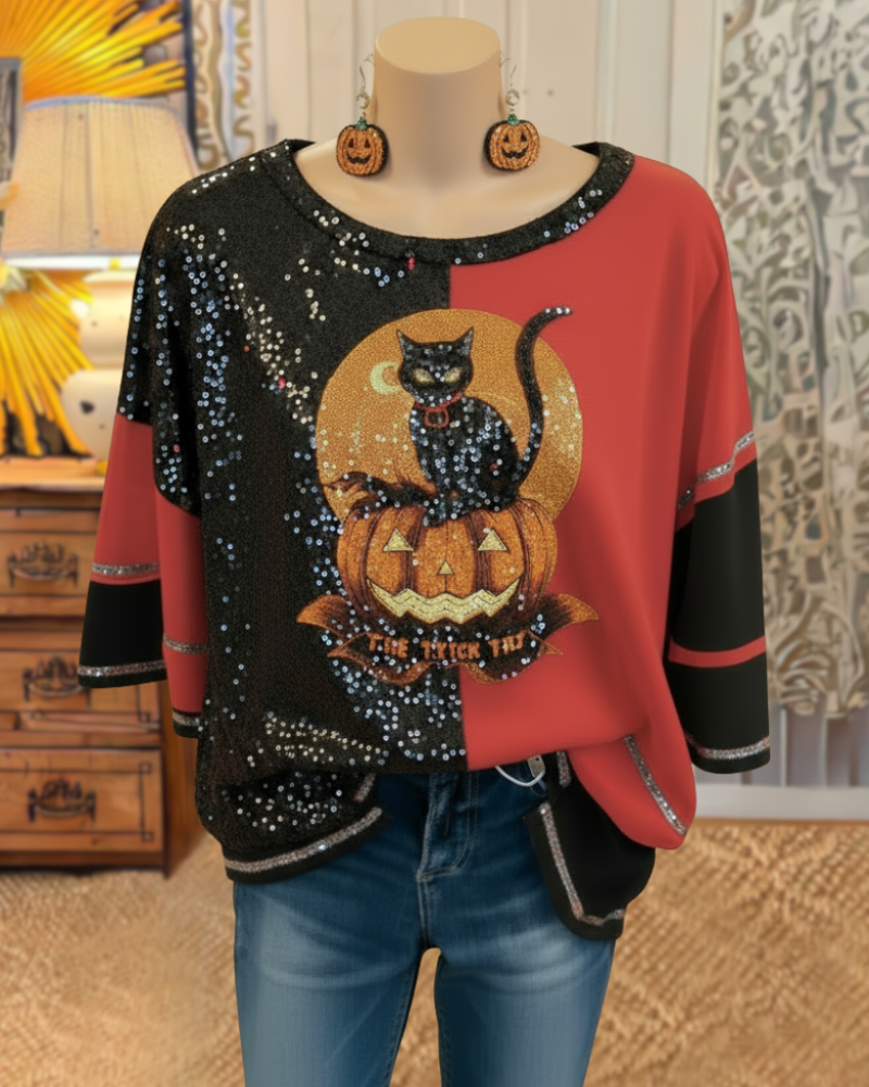 Sparkly CatPumpkin Halloween Top