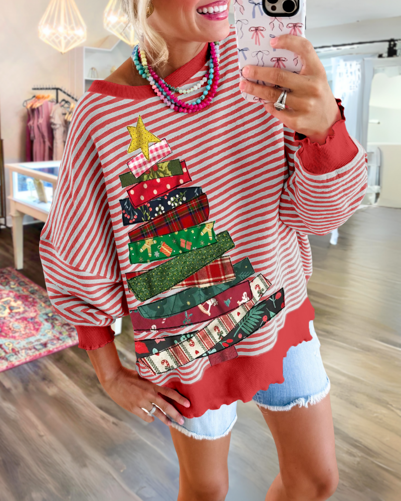 Christmas Gift Tree Striped Sweatshirt
