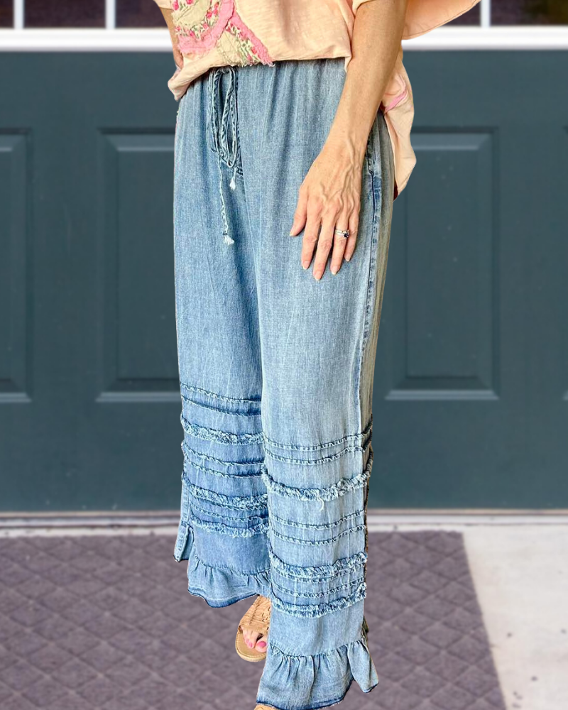 Ruffled Raw Edge Drawstring Jeans